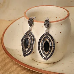 DressBerry Silver-Plated Artificial Stones Studded Oval Shaped Drop Earrings-16