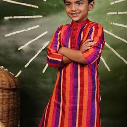 MIRALI Pritvi Boys Striped Band Collar Cotton Silk Kurta With Trouser-image-35
