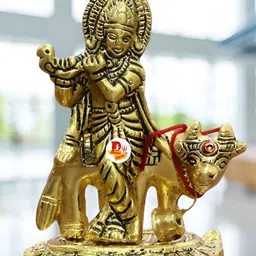 DARIDRA BHANJAN Gold-Toned Krishna With Cow Religious Idol Showpiece-image-20