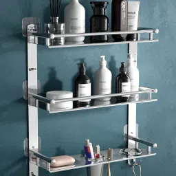 Magic Sticker 3 Layer Multipurpose Bathroom Rack Shelve Stand Holder Steel Wall Shelf-image-1