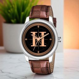 Fancy Design Stylish ALPHABET H Dial Brown Leather Strap Men Wrist Watch Analog Watch - For Men ALPHABET H Design Letter H Style ALPHA-H-NEWAVO-SIL-BRW-CHL-image-65