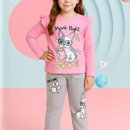 YK Kids Girls Pink & Grey Cotton Printed Top With Trousers Clothing Set-picture-46