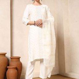 Spera Women Woven Design Embroidered Cotton Kurta with Trousers & Dupatta-image-91