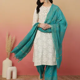 Sangria Women Embroidered Pure Cotton Straight Kurta With Palazzos & Dupatta-picture-21