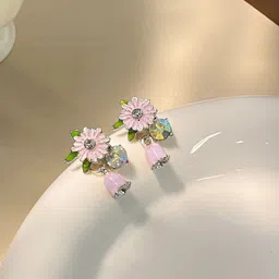 FIMBUL Silver-Plated Crystals Studded Floral Shaped Drop Earrings-image-70