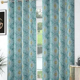 Aura Blue & Mustard 2 Pieces Floral Printed Velvet Door Curtains-image-7