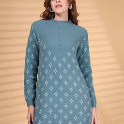 Juelle Women Woollen Mock Collar Longline Pullover-6