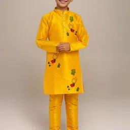 DEVOILER Boys Floral Printed Mandarin Collar Dupion Silk Straight Kurta-69