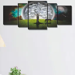 SAF Green & White 5 Piece Tree & Moon Printed Wooden Wall Arts-image-95