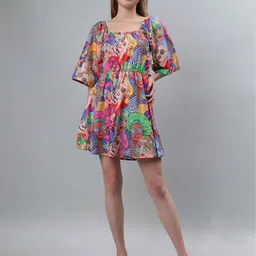 ETRAANA Floral Print Flared Sleeve Fit & Flare Dress-image-49