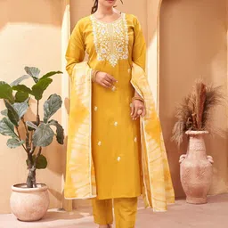 BAESD Ethnic Motifs Embroidered Round Neck Straight Kurta with Trouser And Dupatta-picture-20
