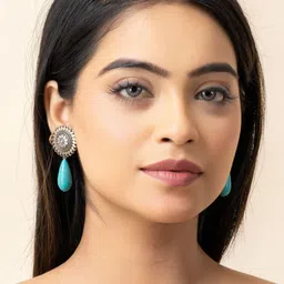 Look and Adorn German Silver-Plated Turquoise Studded Teardrop Shaped Drop Earrings-55