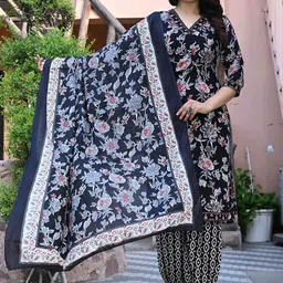 NEKU FASHOIN Floral Printed V-Neck Thread Work Straight Kurta With Harem Pants & Dupatta-picture-19