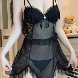 LULU & SKY Women Self-Design Sheer Baby Doll Nightdress With Tanga Thong Briefs-24