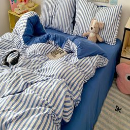 JC HOME Blue & White Striped Polycotton 3 Piece Single Regular Bedding Set-54