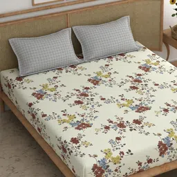 Srijee Decors Cream-Coloured Printed 210 TC Fitted King Bedsheet with 2 Pillow Covers-image-75