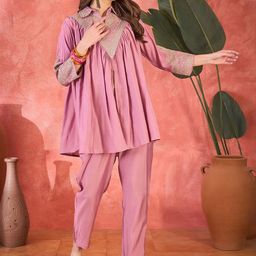 Sangria Embroidered Shirt Collar Tunic & Trousers Co-Ord Set-image-47