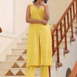 Janasya Women Yellow Dobby Pure Cotton Self Design Straight Kurta Pant Set-10