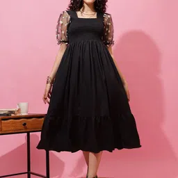 De La Moda Women Puff Sleeve Crepe Fit & Flare Midi Dress-picture-24