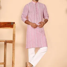 Jompers Ethnic Motifs Embroidered Mandarin Collar Pure Cotton Straight Kurta With Pyjamas-picture-36