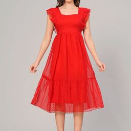 OH MI DIOS Women Square Neck Ruffles Self Design Flutter Sleeve Fit and Flare Midi Dress-picture-11