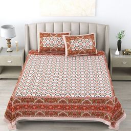 Wayne Martin White & Brown Floral 300 TC Pure Cotton King Bedsheet With 2 Pillow Covers-image-75