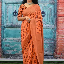 Craft Musium Ethnic Motifs Printed Pure Cotton Saree With Blouse-picture-29