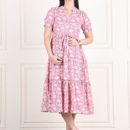Moms Maternity Cotton Floral Printed Puff Sleeves Fit & Flare Midi Dress-image-45