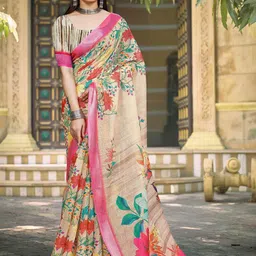 ZILVIRA Floral Zari Pure Linen Block Print Saree-picture-15