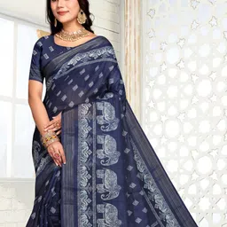 Fevinaa Ajrak Block Zari Linen Blend Block Print Saree image 2