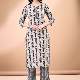 Anouk Grey Ethnic Motifs Printed Notch Neck Pure Cotton Straight Kurta With Trousers-picture-11