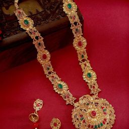 SOHI Gold-Plated Red Stone-Studded Pearls Beaded Meenakari Necklace & Earrings-picture-26