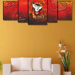 SAF Red & White 5 Pieces Lord Ganesh Printed Wooden Religious Wall Paintings-6