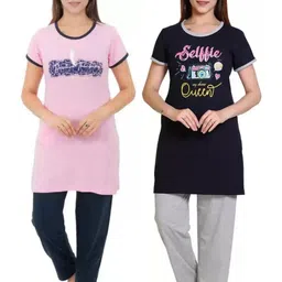 E-MAX Women Pink Cotton Blend Night suits-picture-9