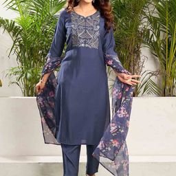 SANISA Ethnic Motifs Embroidered Straight Sequinned Kurta With Trousers & Dupatta-image-95