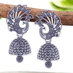 MEENAZ Set Of 4 Silver-Plated Peacock Shaped Oxidised Jhumkas-15