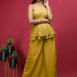 PARROT CREATION Women Floral Embroidered Regular Sequinned Kurti with Sharara & With Dupatta-image-1