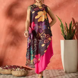 InWeave Women Floral Printed Chanderi A-Line Midi Dress-image-48