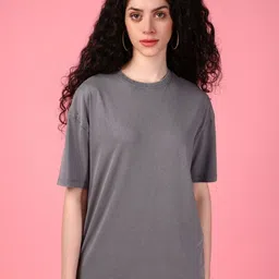 DressBerry Women Solid Round Neck Pure Cotton Boxy T-shirt-image-21