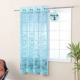 Kuber Industries Blue 3 Pieces Cotton Embroidered Sheer Window Curtains-30