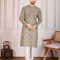 House of Pataudi Printed Mandarin Collar Neck Chikankari Kurta Set-picture-54