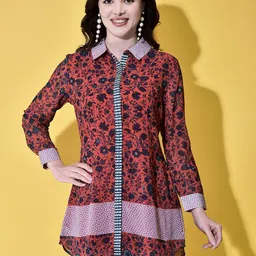 FUTURO Women Floral Printed Shirt Collar Satin Top-picture-36