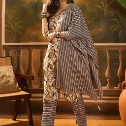 Sangria Ethnic Motifs Printed Straight Kurta With Trousers & Dupatta-27