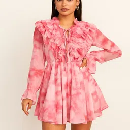 TRENBEE Wmen Tie and Dye Dyed Gathered Bell Sleeve Fit & Flare Dress-picture-43