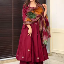 VAAZI CREATOR Women Embroidered Angrakha Thread Work Kurta with Palazzos & With Dupatta-image-93