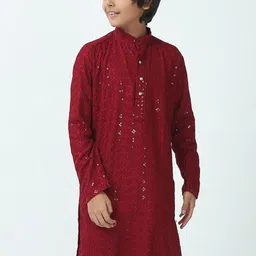 CHILINS Boys Floral Embroidered Band Collar Sequinned Kurta With Pyjamas-picture-16