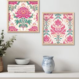 WALLLANE Brown & Pink 2 Pieces Floral And Botanical Madhubani Wooden Wall Art-image-66