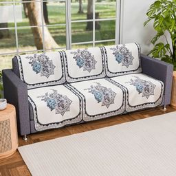 Myntra Elegant Homes Cream & Blue 6 Pieces Printed 3 Seaater Cotton Sofa Covers-13