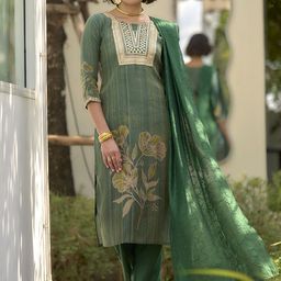Ishin Floral Embroidered Sequinned Straight Kurta With Trousers & Dupatta-image-64