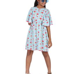 SILK SPARROW Girls Floral Printed Flared Sleeve Fit & Flare Votton Dress-19